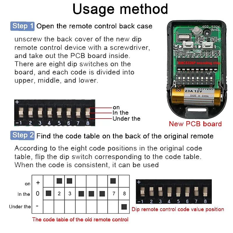 Universal RF 433MHz 330MHz Autogate Remote Control SMC5326 8 Dip Switch Duplicator Replacement Remote
