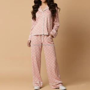 Trendy Autumn Winter Soft Mauve Polka Dot Pajamas Button Down Top Wide Leg Pants Set