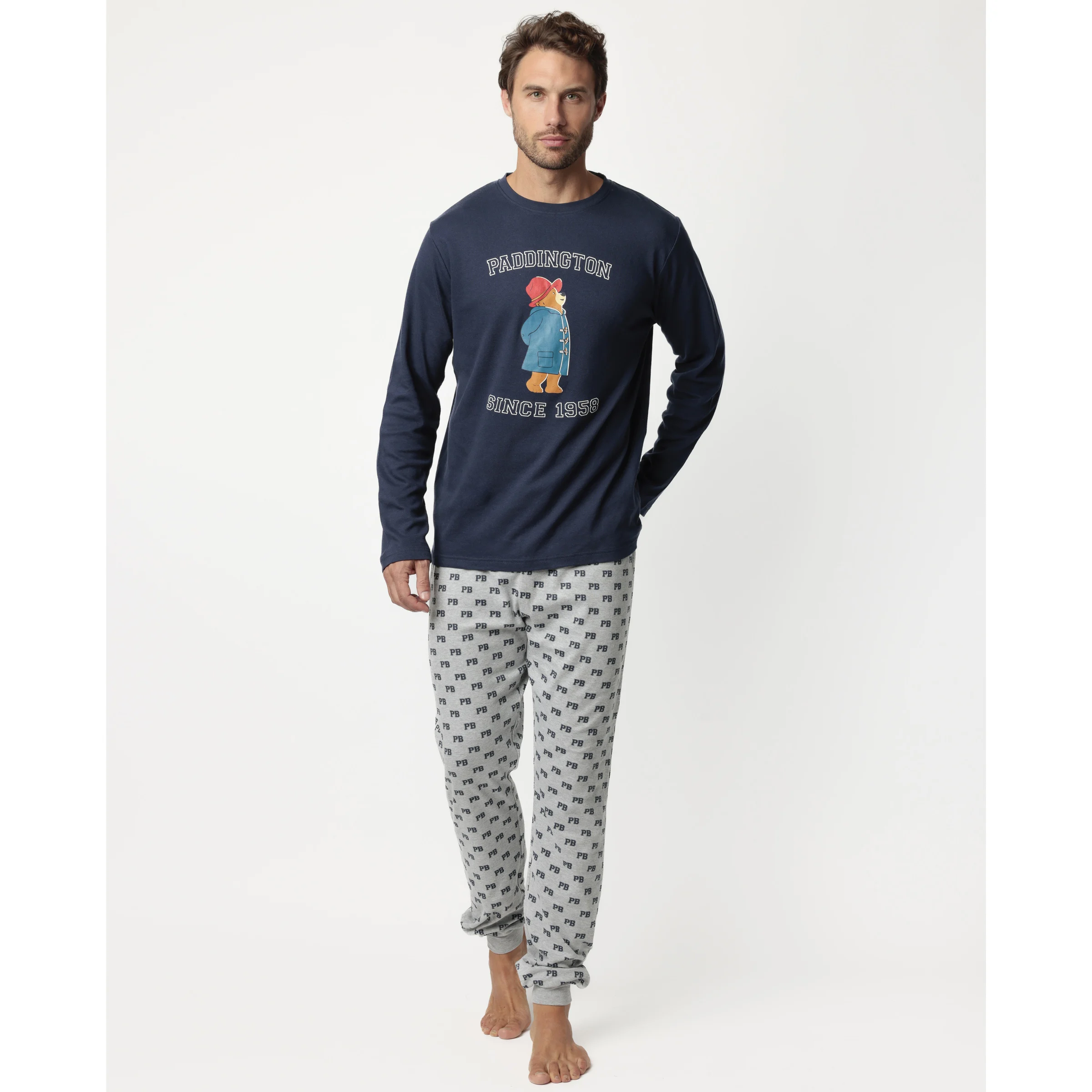 PADDINGTON Casual Silk & Cotton Varsity Print Pajama Set with Logo Long Knitted Fabric XL Size for Men and Women