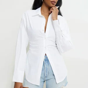 Custom High Quality  Casual Knitted Blouses with Spread Collar Cinched Waist Button Closure Shirring at Back-for All Seasons