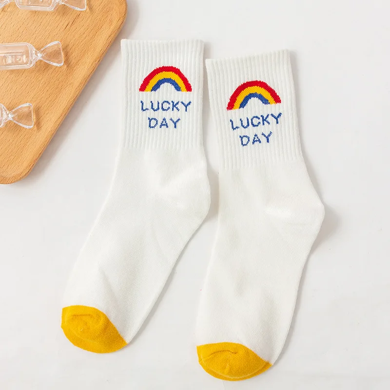 Spring Happy Face Socks Medias Cotton Basketball Smile Rainbow Sport Socks White School Girl Crew Socks Women