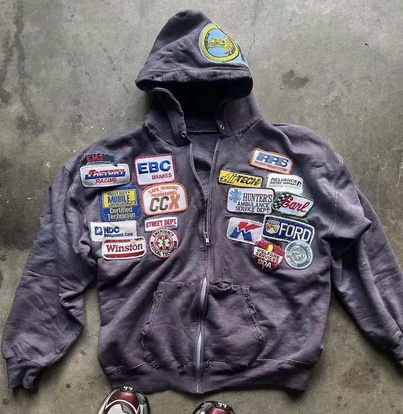 Custom Logo Zipper 100% Cotton Streetwear Unisex Zip up Pullover Vintage Acid Washed Embroidery Patch Distressed Hoodie Men gallery 8