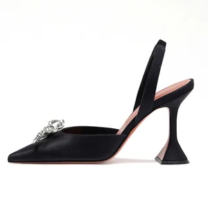 Crystal Embellished Satin Sparkle Bow Closed Toe Sandals Black Sling Back Heels