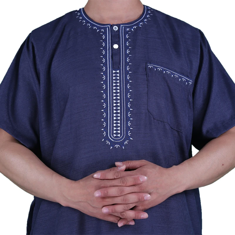 2023 New Style Model Muslim Morocco Eid Cotton Fabric Thobe Khamis Arab Short Sleeve Islamic Clothing Men Thobe