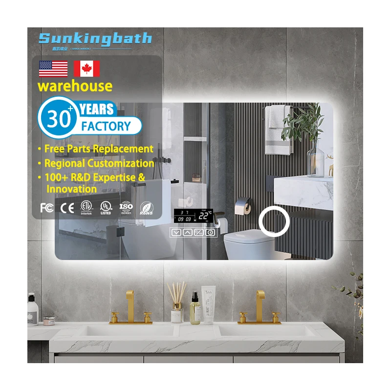 Custom Size Makeup Bathroom Mirrors Three Color Lights Smart Led Bathroom Wall Mount Mirror With Led Light