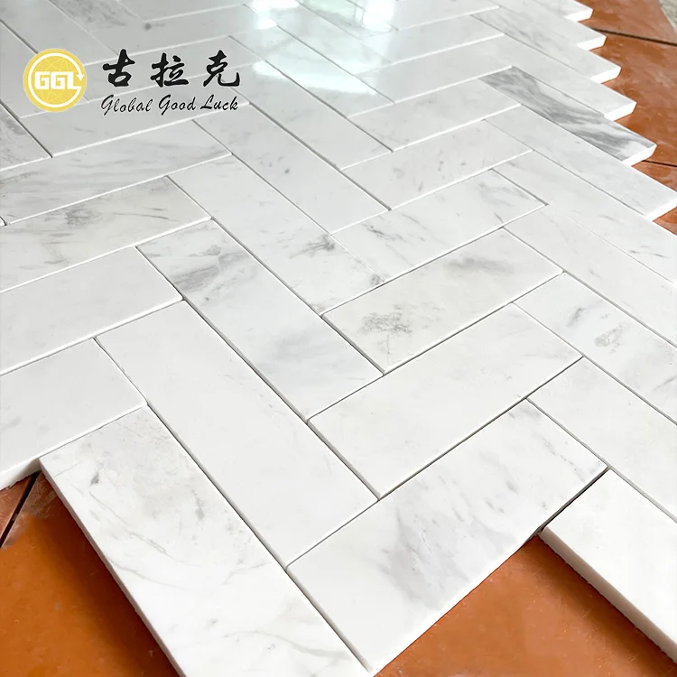 Volakas White Marble Herringbone Marble Mosaic For Bathroom Floor Tiles factory