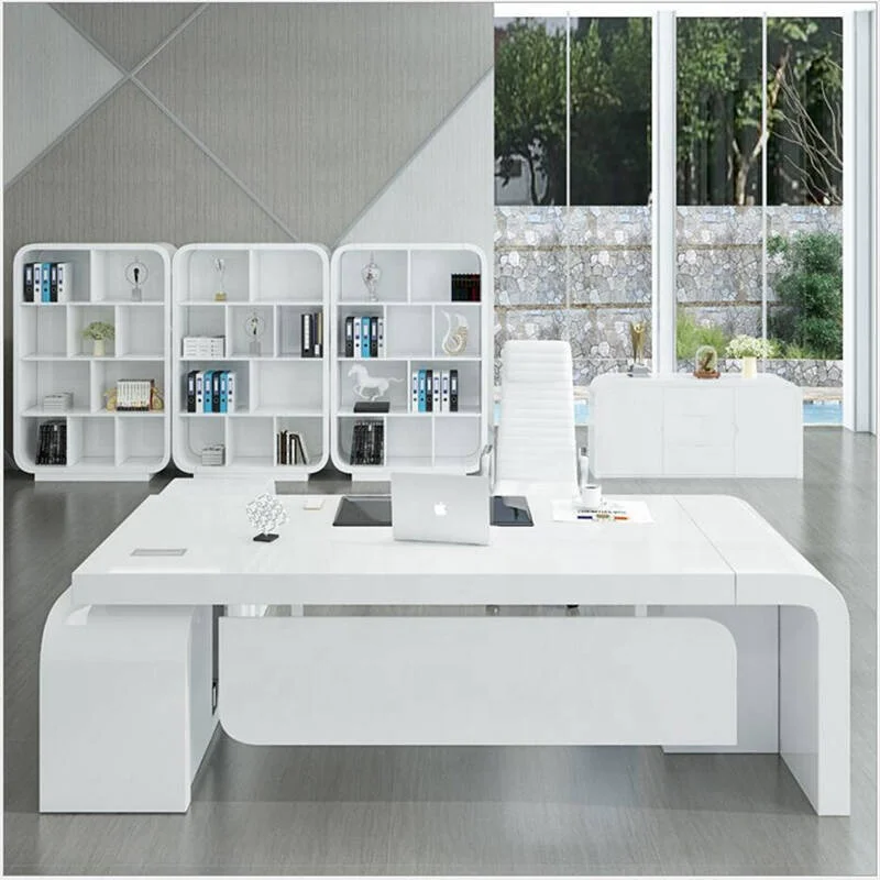 Latest Design Executive Desk High End Office Furniture White Stoving Varnish Wood Office Table Office Desk