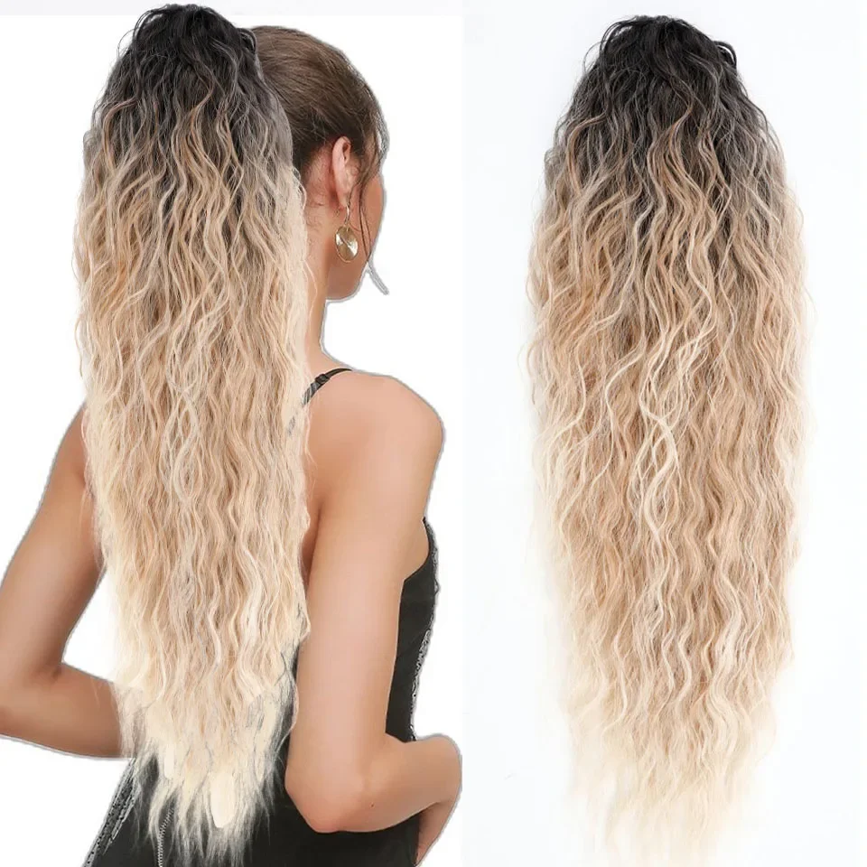 Water Wave Drawstring Ponytail Hair Extensions 170g 26in Curly Pony tail Natural Black Color 100 Brazilian Remy Human Hair 1B_voghion.com