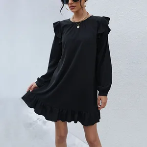 Wholesale OEM Custom Frocks for Women Fashionable Solid Color Loose Dress O-neck Lady Ruffle A-line Dress Womens Clothing