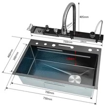 LED Digital Handmade Black White SUS 304 Stainless Steel Waterfall Smart Multi function Kitchen Sink with pulling tap