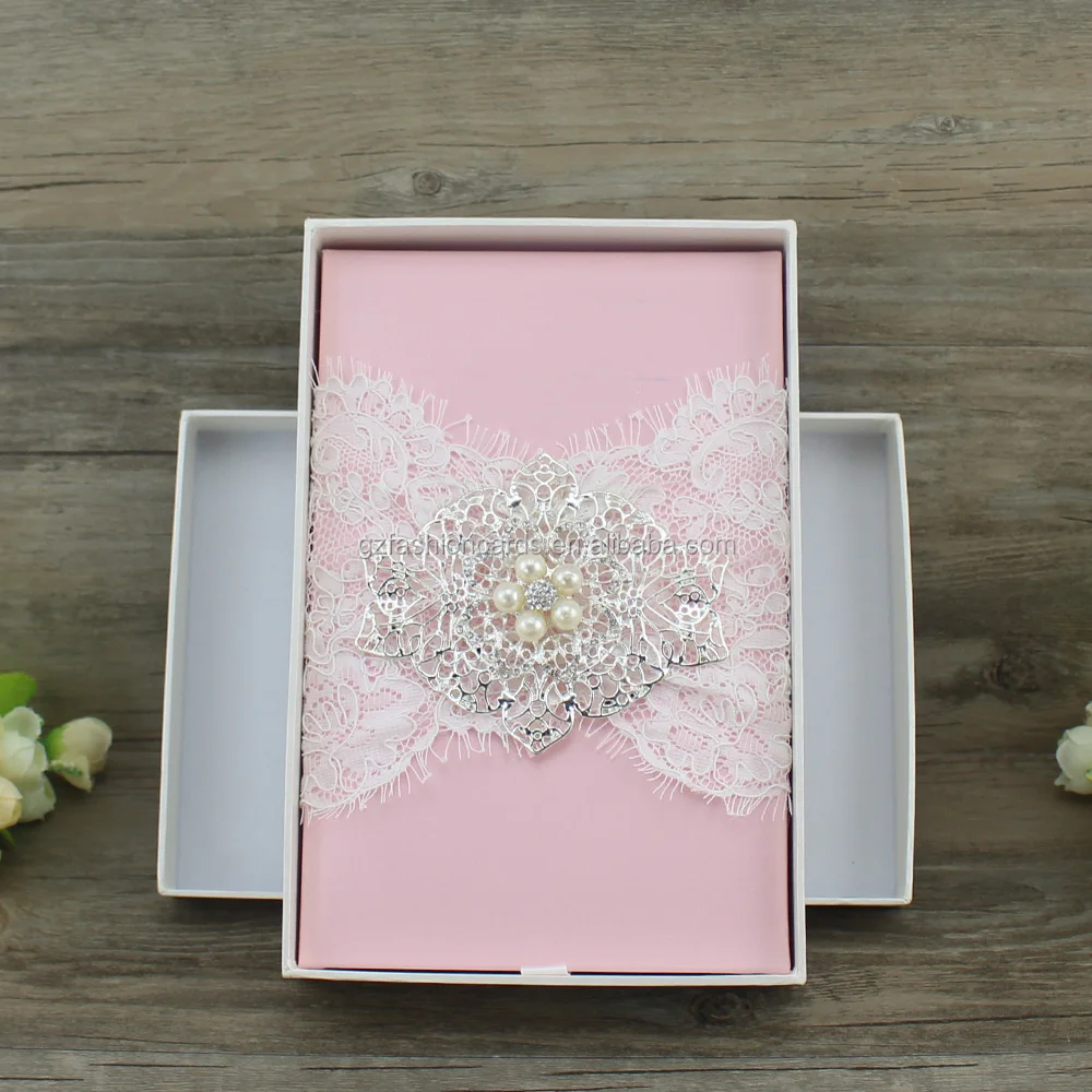 Elegant Silver Top Fold Lace Wedding Invitation with Hard Box and Customized Birthday Invitation Cards