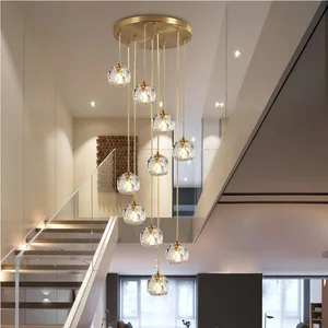 Hotel Staircase Decoration Stairs Lobby Hotel Modern Large Long Spiral Sphere Crystal Ball Chandelier