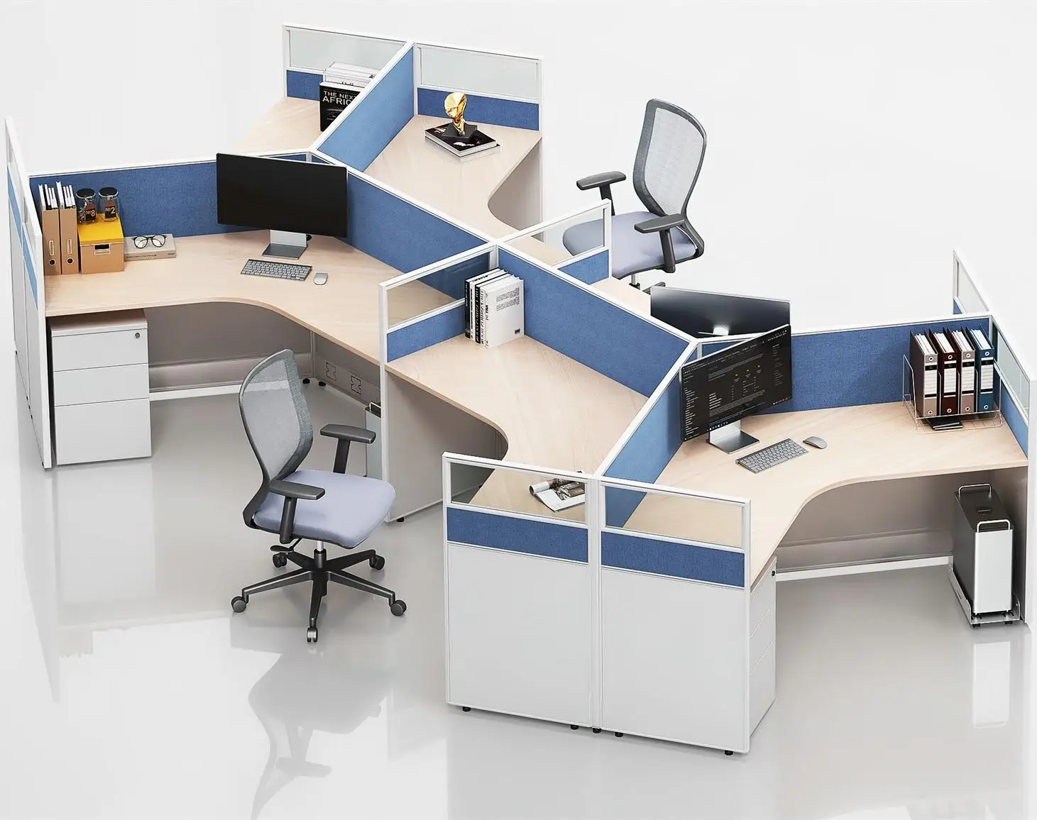 Modular 3/6 Person Office Workstations With Y-Shape Partitions Connection Commercial Furniture Cubicles Panel Wood Style Desk