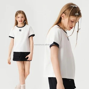 Customizable Girls T Shirt Apparel Black White Color Block Round Neck Short Sleeve Summer Top with Small Embroidery