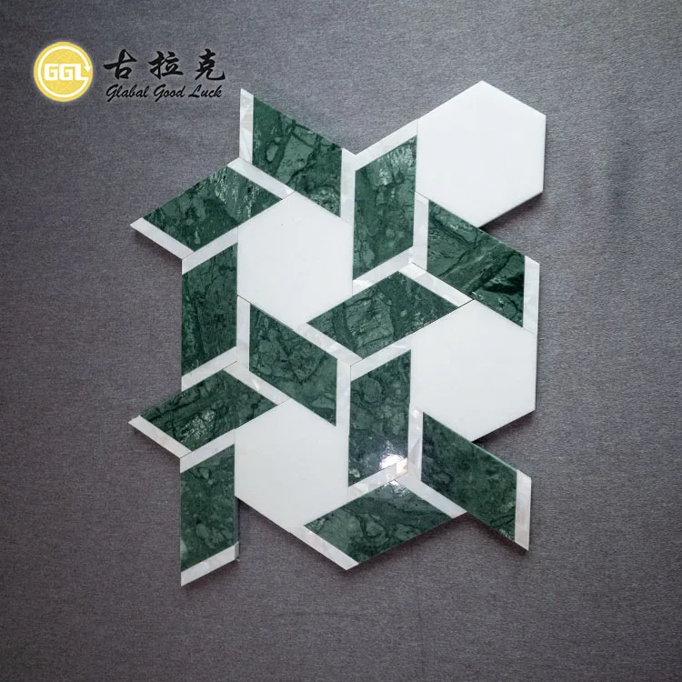 Polished Green White Marble Mosaic Mix Shell Tile Water Jet Stone Irregular Shape Mosaic Tile for Wall Floor Decor manufacture