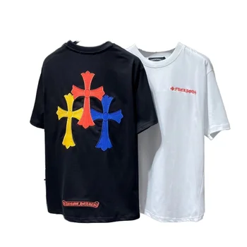 25 Luxury Hearts Chrome Classic Large Horseshoe Cross Flower Sanskrit Short-sleeved T-shirt Men and Women Wholesale Dropshipping