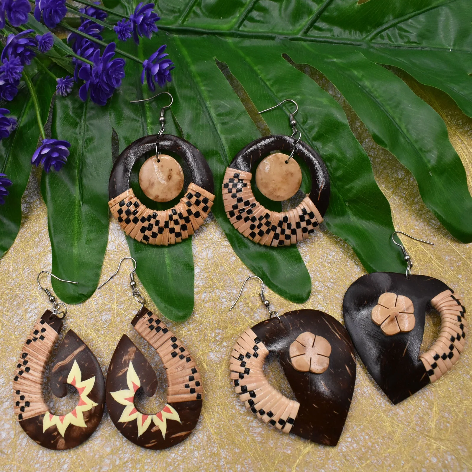 New Fashion Earring Handmade Carved Coconut Shell Jewelry Braided