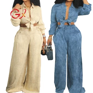 GX506 Boutique Fashion 2026 Fall Women Street Wear Long Sleeve Cardigan Lace-up Tops and Wide Leg Pant 2 Piece Set