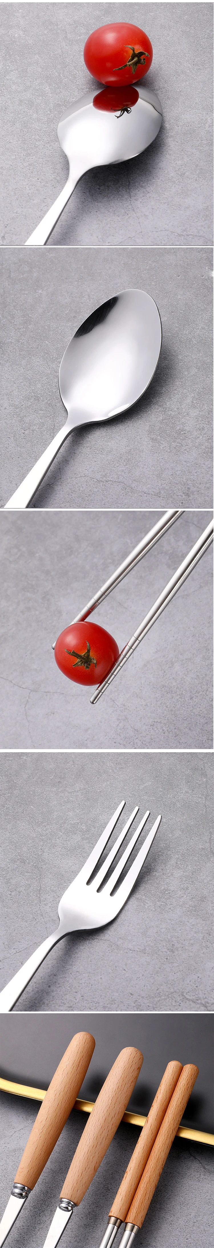 3 In 1 Portable Reusable Outdoor Wood Handle Flatware Picnic Camping Travel Metal Fork Cutlery