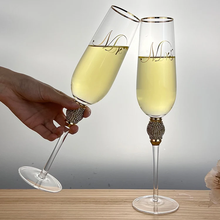 Элегантные флейты для шампанского с длинным стеблем, Подарочная коробка на заказ в комплекте-свадебные золотые бриллиантовые очки с хрустальным металлическим прозрачным стеклом