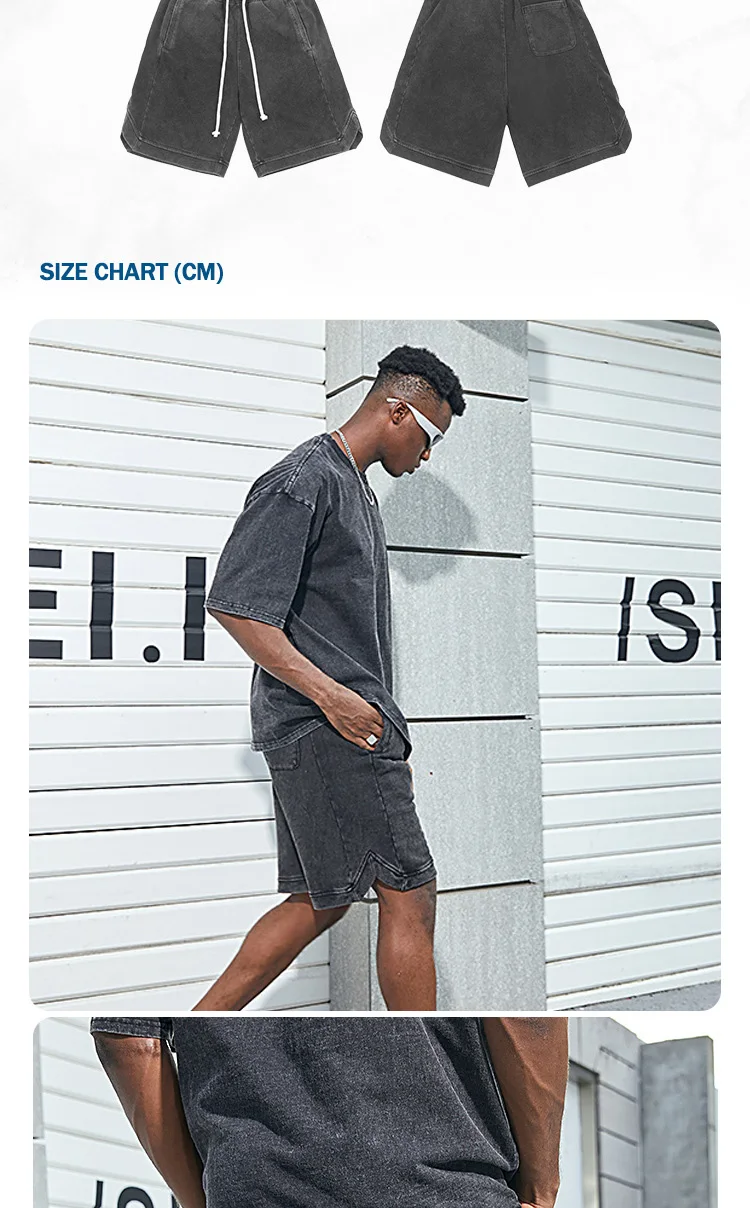 Pantaloncini da uomo in cotone lavaggio acido all'ingrosso personalizzati all'ingrosso sopra il ginocchio unisex casual larghi Jorts da spiaggia114_voghion.com