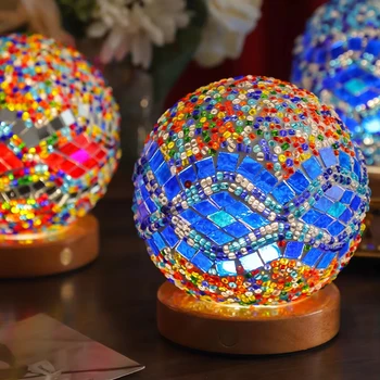 USB Plug-in LED Table Lamp Wooden Base Warm White Light Glass Mosaic Bedside Night Light for Bedroom Decoration Baroque Style