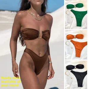 Crystal Decoration Solid Pattern 2-Piece Set OEM Service Available U-Shaped V Iron Bikini Swimsuit
