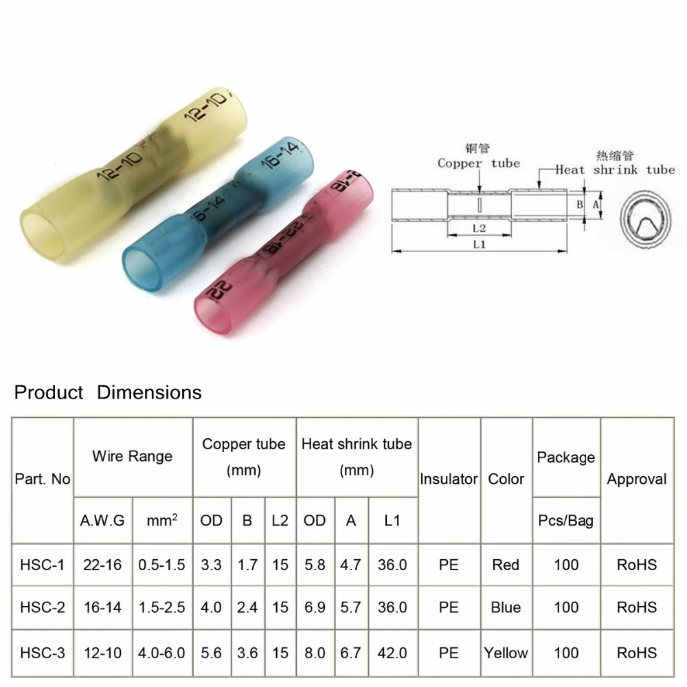 Heat Shrink Butt Connectors Terminals Electrical Copper Solder Seal Wire Connector Solder details