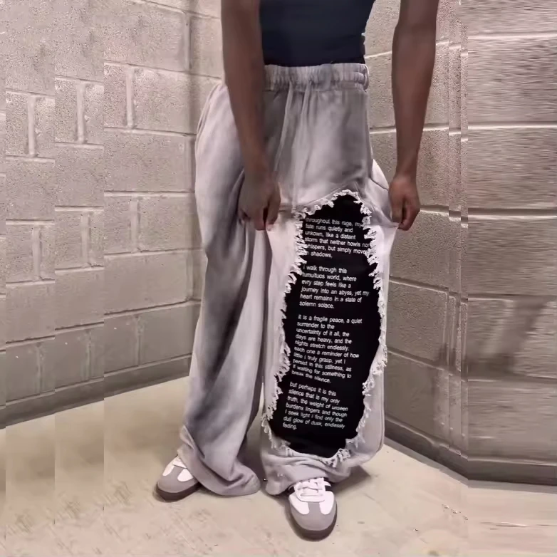 Hip Hop Custom Oversize French Terry Cotton Patch Embroidery Acid Wash Wide Leg Baggy Jogger Sweatpants gallery 6