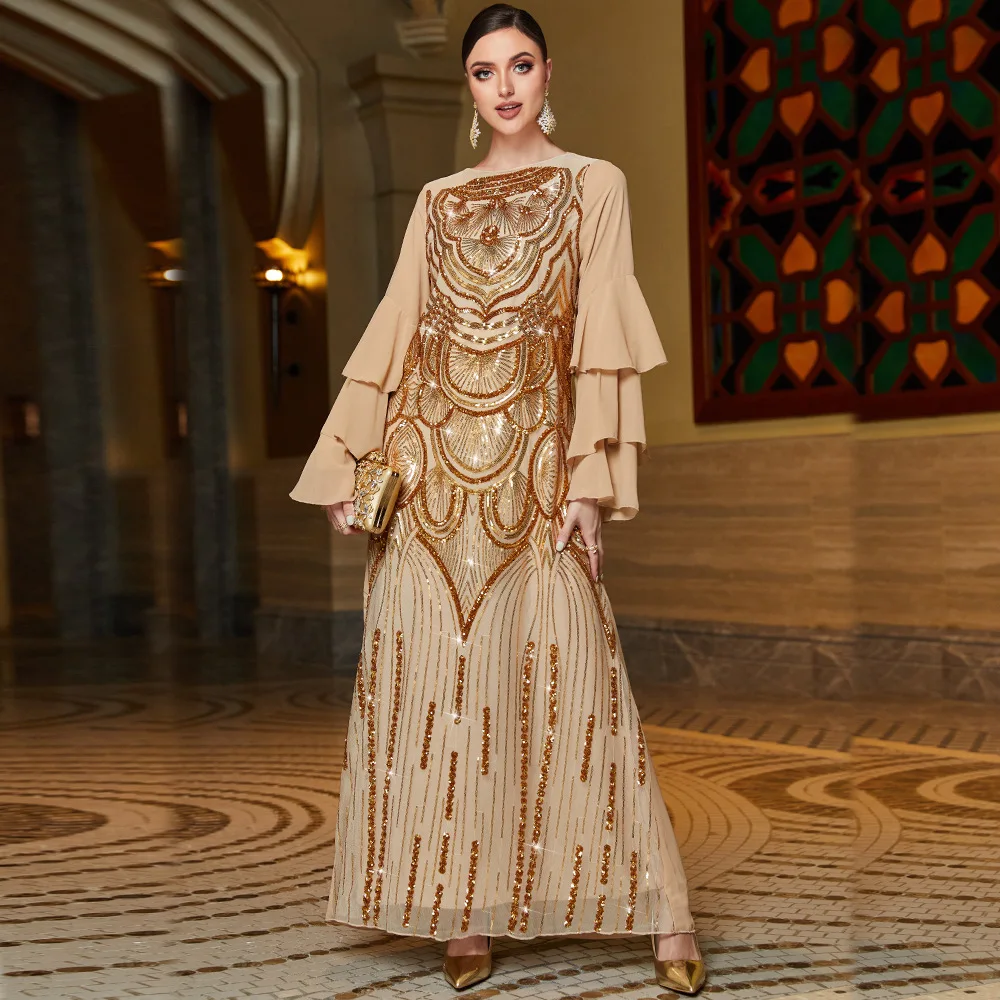 New Trend High Quality Sequins Golden Pattern Yarn Mesh High Quality Muslim Pakistani Clothing Long Sleeved Full Dress Dress New Trend High Quality Sequins Golden Pattern Yarn Mesh High Quality Muslim Pakistani Clothing Long Sleeved Full Dress Dress
