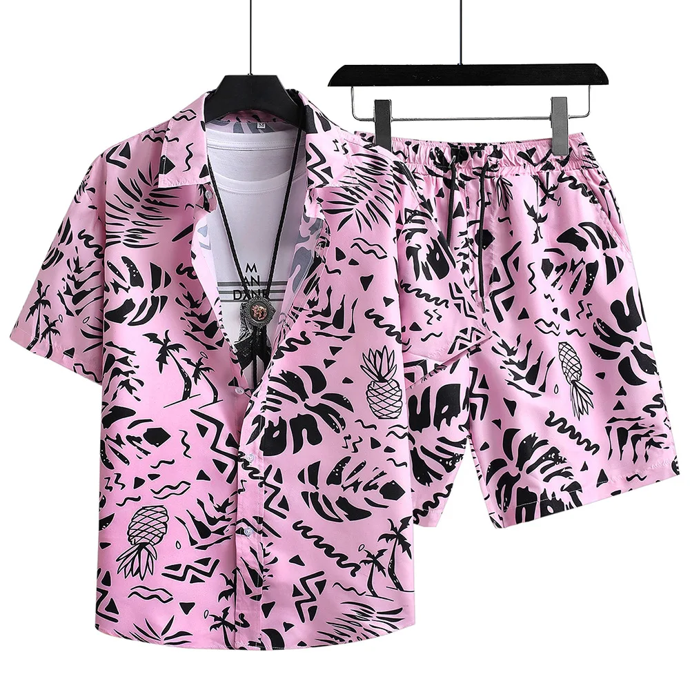 Short Sleeved Two Pieces Casual Suit Mens Beach Shorts Floral Striped Shorts Shirts Set Men's 2