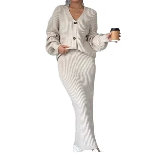 Customize Women's Solid Color Loose Knitting Long-Sleeve Cardigan Sweater and Skirt Autumn/Winter 2-Piece Set Sehe Fashion