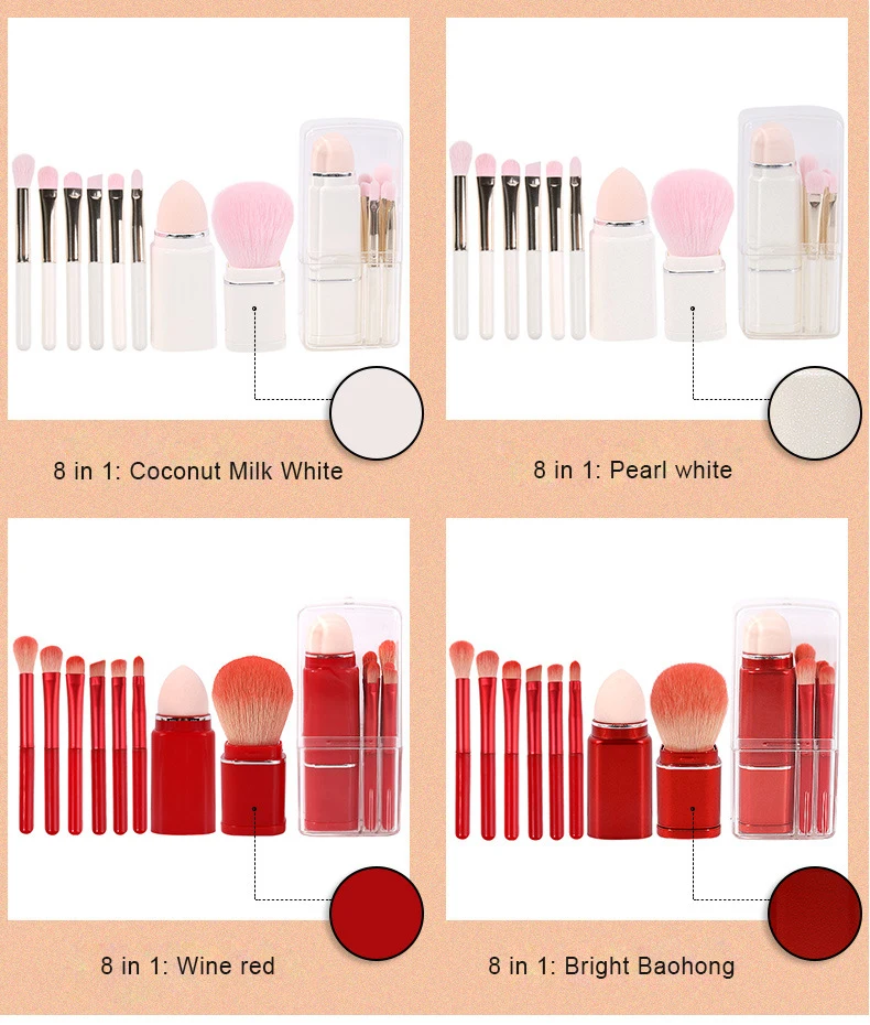 Powder Foundation Eyeshadow Blush Brush Mini Cute Makeup Brushes Set Travel Size Portable 8 in 1 Synthetic Hair Makeup Beauty