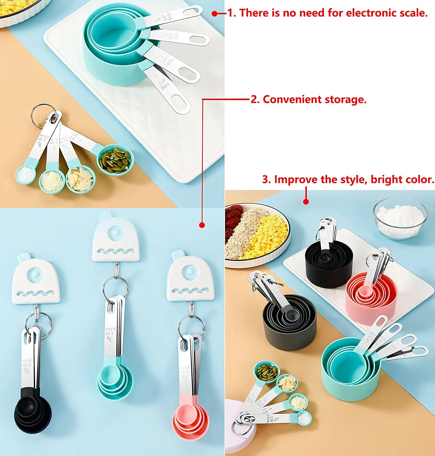 Measuring Cups and Spoons Set of 8 Pieces BPA Free Measuring Cups and Spoons with Stainless Steel Handle