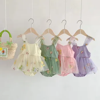 1 Pcs Custom Private Label Floral Embroidery Romper Spring Summer Newborn Infant Toddler Girls Clothes Baby Romper