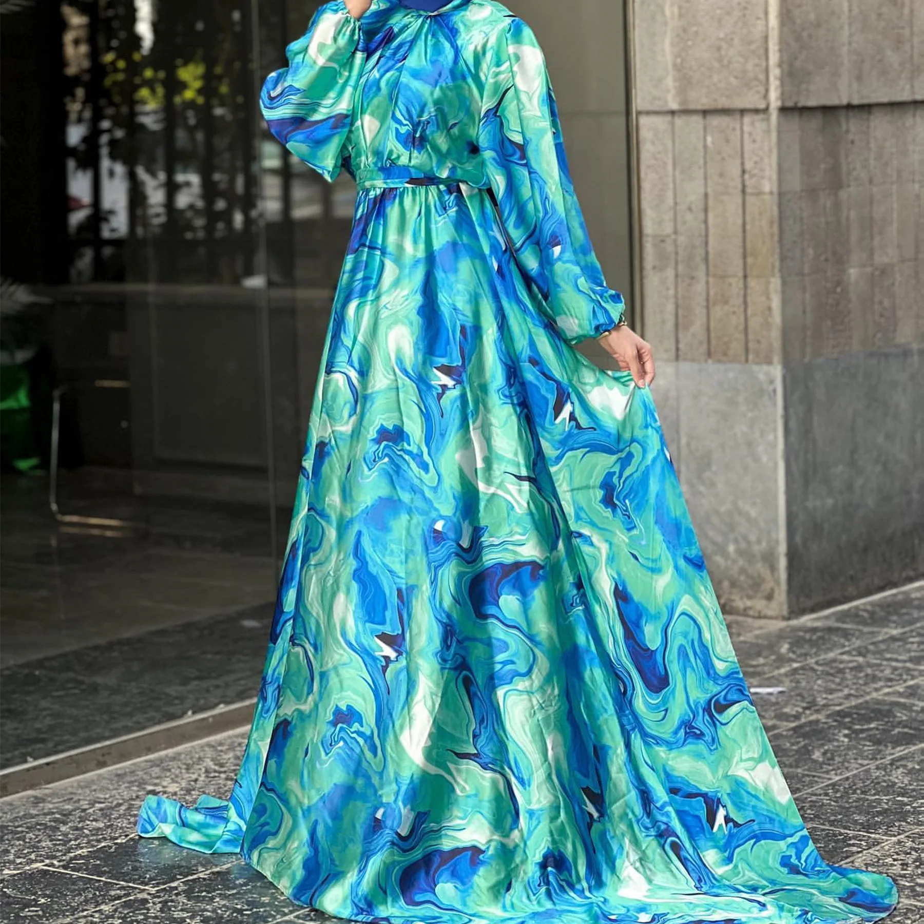 UAE Middle East Europe American Summer Hot Style Whole Body Digital  Printing Flower Modest Long Sleeves Maxi Muslim Dresses