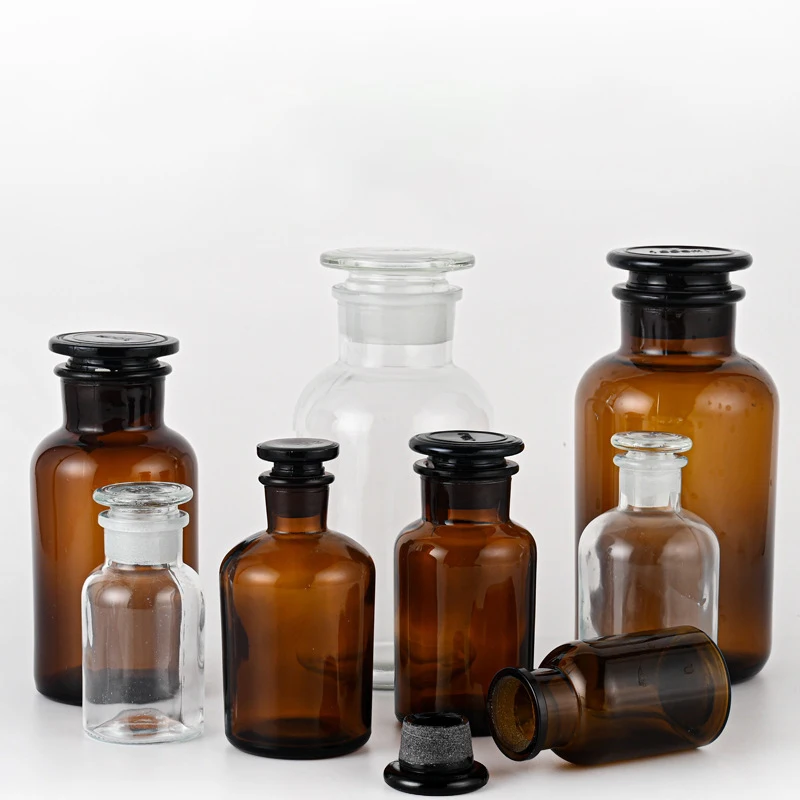Factory Sale 125ml 250ml 500ml 1000ml Glass Amber Apothecary Jars With Glass Stopper Decorative Laboratory Reagent Vial