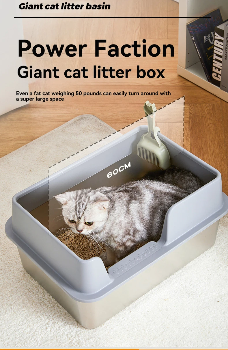 product pet products litter box stainless steel large deepen semi enclosed stainless steel litter box cat toilet cat litter box-2