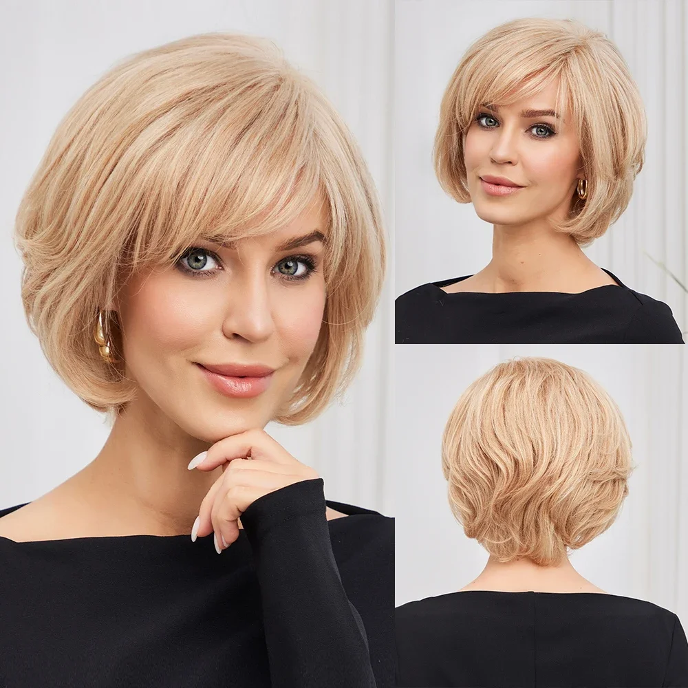 Ombre Brown Blonde Human Hair Lace Front Wigs Short Natural Wavy Bob Remy Wig for White Women_voghion.com