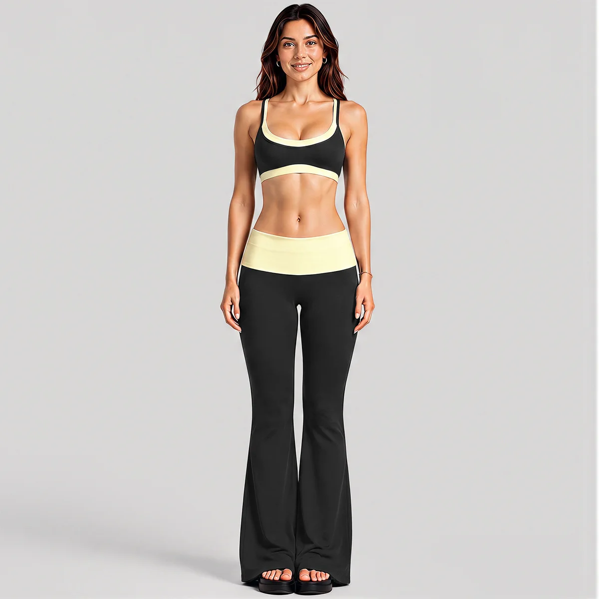 Contrast Color Yoga Bra and Flared Pants Set Double Layer Two Piece Activewear with Foldover Waistband — detail
