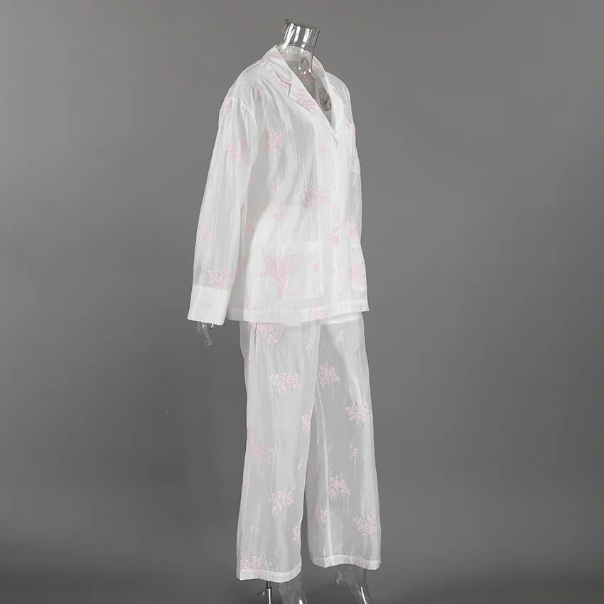 Womens Embroidered Pajama Set Long Sleeve Lapel Wide Leg Pants Smooth Quick Dry Autumn Loungewear — detail