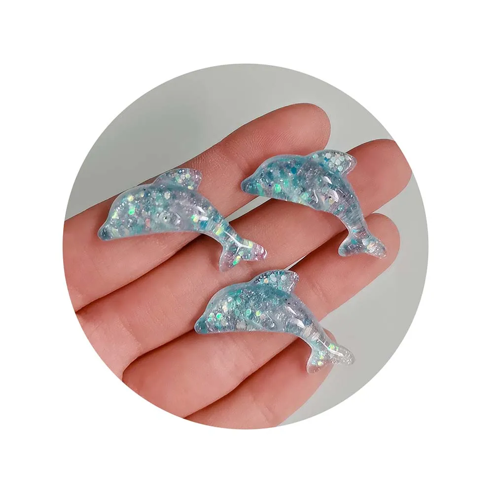 Wholesale 100pcs Cute Resin Charm 19*34mm Glitter Dolphin Resin