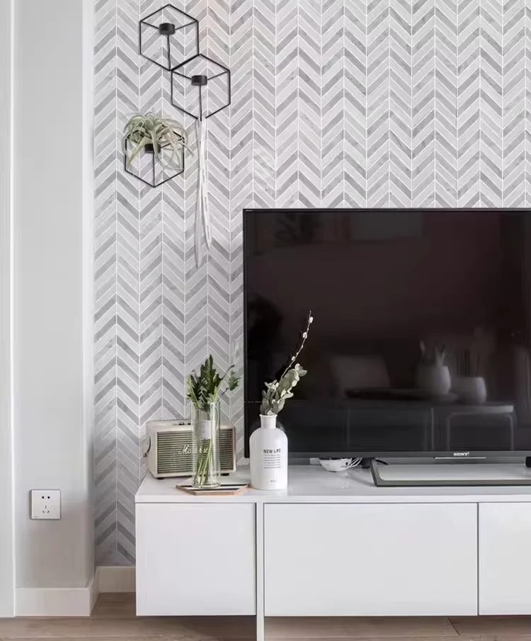 Mini Bianco Carrara White Color Herringbone Shape Marble Stone Mosaic Tile