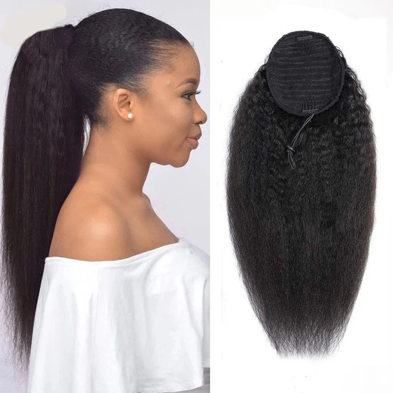 Extensii de coadă de cal cu șnur, drepte și crețe, cu clips, păr uman, păr natural Remy brazilian, 16-26 inci_voghion.com