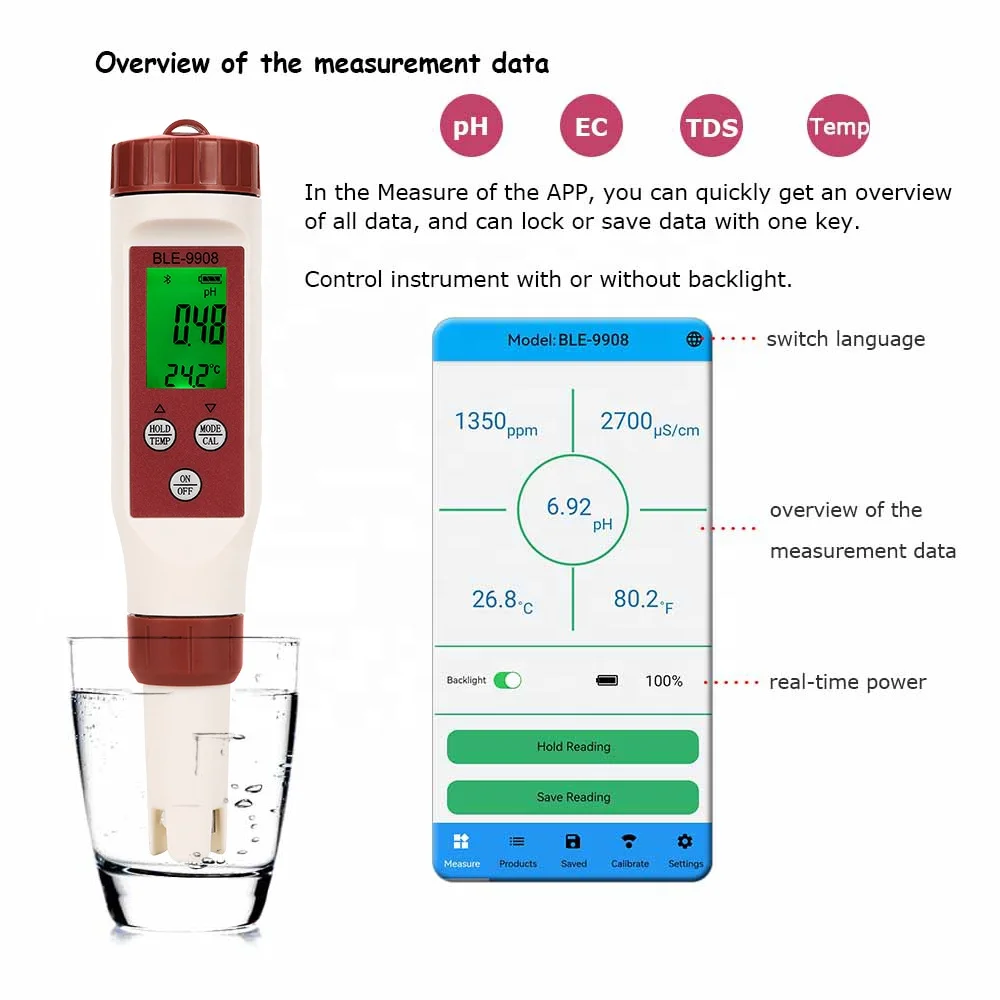 Water Meter Bluetooth 4 In 1 Multimeter Water Test Ph Ec Tds Meter ...