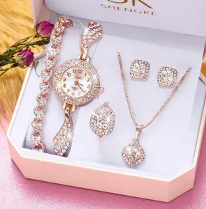 Luxury Vintage 5-Piece Set Full Crystal Diamond Necklace Earrings and Watch for Women Gold Plated Zircon Jewelry Gift