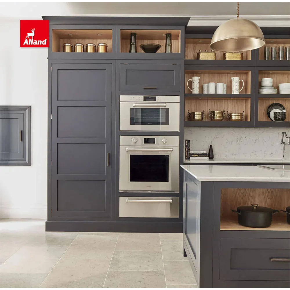 Allandcabinet Transitional Design American Inset Framed Solid Wood Kitchen Cabinet with Open Shelves and Marble Countertop