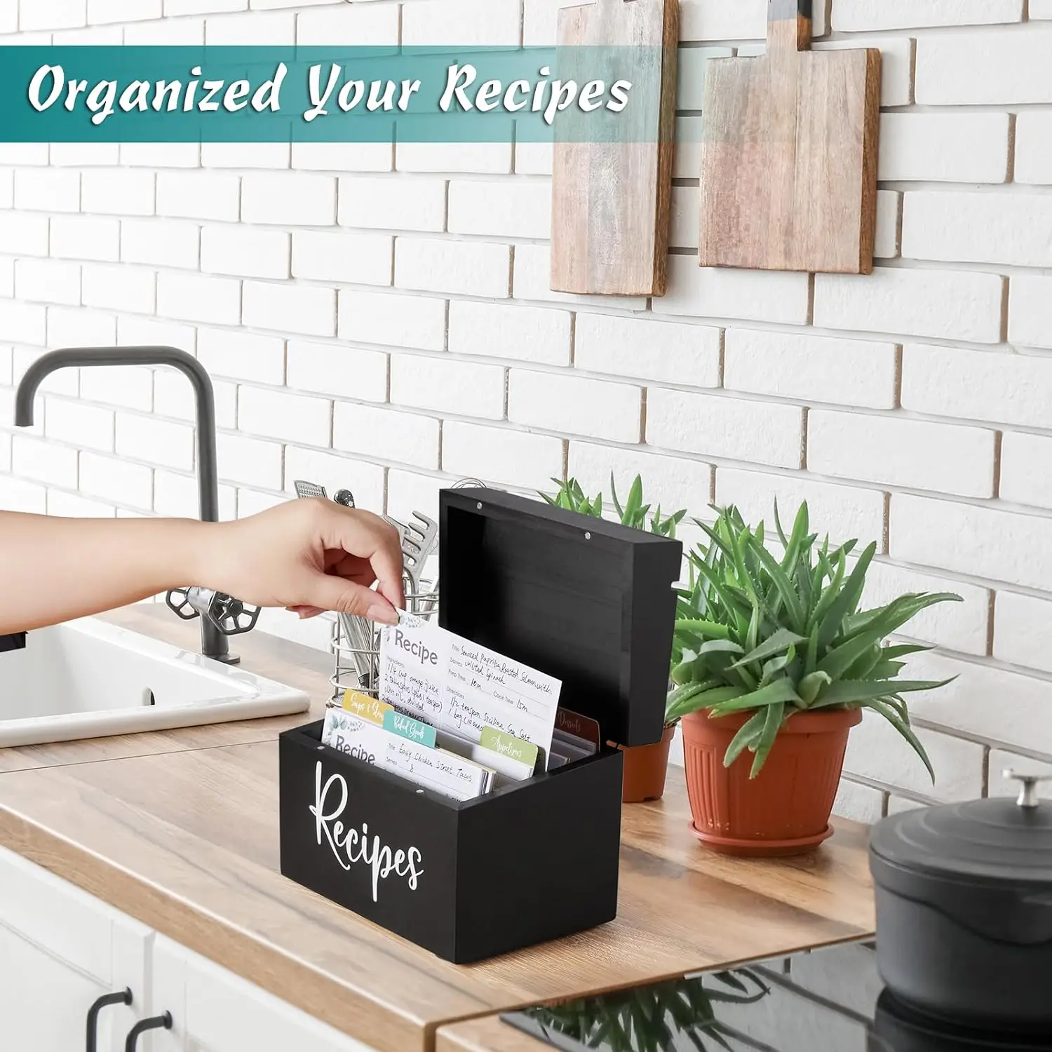 Myway 50 Recipe Cards with Wooden Box Holder Recipe Organizer for Bridal Shower Weddings Write in Your Own Recipes