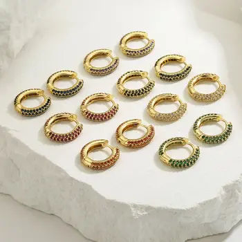 Classic 3 Rows Double Side Micro Inlaid Colorful Zircon Hoop Earrings for Women Rainbow Crystal Round Circle Huggie Earrings