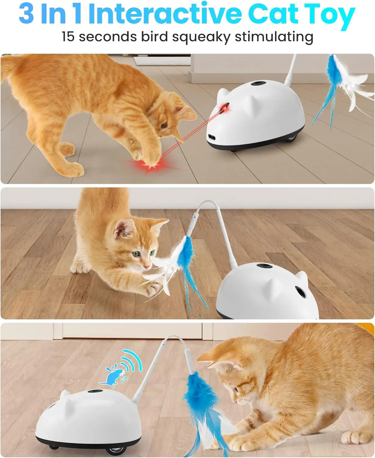 Cat Laser Toy Interactive Smart Automatic Electronic Cat Mouse Toys with Feather for Indoor Cats Kitten Play Teaser Pet Exercise